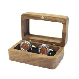 Vintage Rosewood Wooden Round Cufflinks With Walnut Organizer Box for Men Father Husband Boyfriend Christmas Gift