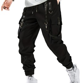 HaiZi XiHuan Mens Harem with Streamer Japanese High Street Casual Joggers Drawstring Pants Tech Cargo Pants(Black,XL)