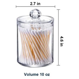 4 Pack 10oz Bathroom Storage Containers Clear Plastic Apothecary Jars with Lids for Organizing Cotton Ball, Cotton Swab, Cotton Round Pads, Floss. Vanity Makeup Storage Organizer