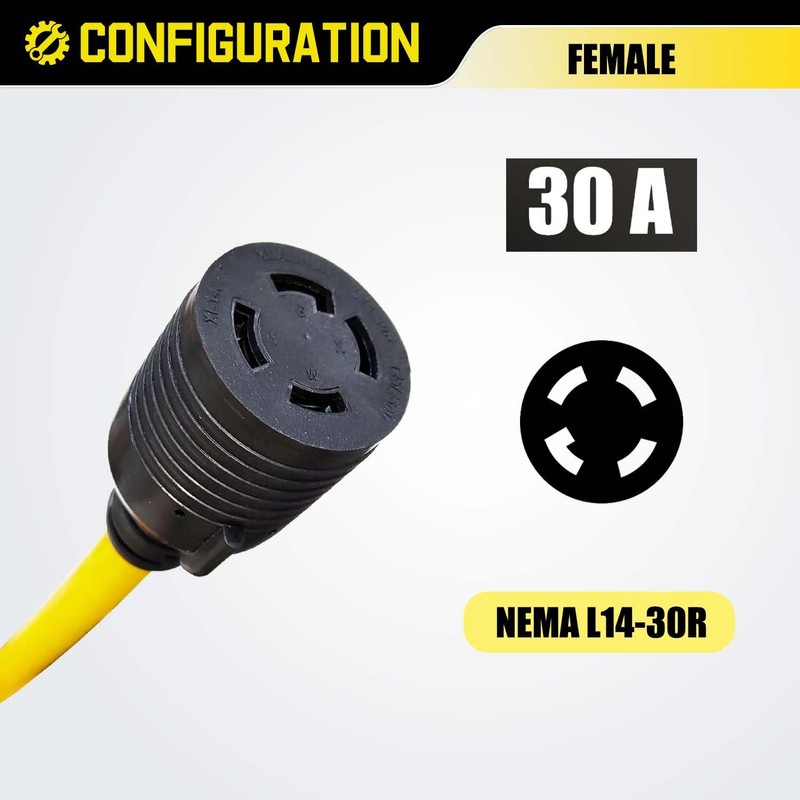 NEMA L5-30P to L14-30R Adapter Cord, 30 Amp 3 Prong