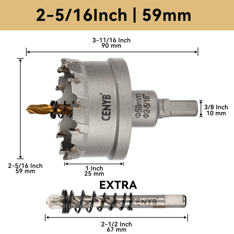 CENYB 2-5/16" (59mm) Tungsten Carbide Tipped Hole Saw with 2Pcs