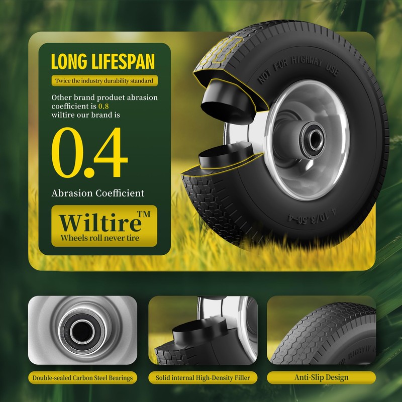 Wiltire (2 Pack) 4.10/3.50-4 Flat Free Tire and Wheel 10-Inch