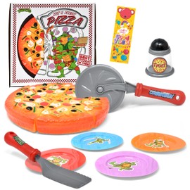 Pizza Party Play Food Toy Set for Kids Slice & Serve Plastic Pizza Pretend Box Pie Cutter Fake Condiments Play Foods & Bookmark for Children Toddlers