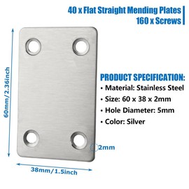 GBACHOOSE 40pcs 38x60MM Flat Brackets for Wood, Flat Connecting Mending Plates Braces Brackets, Stainless Steel Support Joining Plate Furniture Repair Plate Fixing with Holes (Silver)