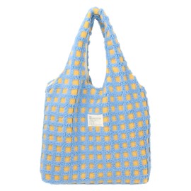 MEGAUK Women's Plush Shoulder Bag Large Capacity Cartoon Bear Embroidery Shopper Shoulder Bag Tote Bag for College Work Girls School, 07295 Blue