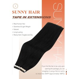 Sunny Hair Tape in Hair Extensions Human Hair 24inch Hair Extensions Real Human Hair Tape in Extensions for Women Jet Black Invisible Remy Hair Natural Straight Skin Weft Double Sided Tapes 20Pcs 50g