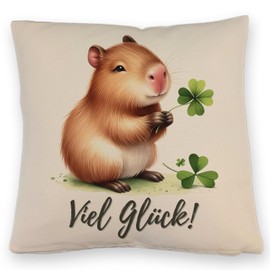 Capybara with Clover Leaf Cushion with Linen Look with Saying Viel Glück Cute Cushion with Linen Look with Cute Capybara Animal Lovers and Rodent Fans