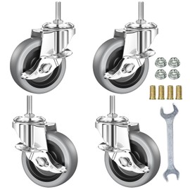 YEEMIGO 3 Inch Stem Caster Wheels with Locking Brake，Soft Rubber Non Marking No Noise Casters, M8-1.25 Industrial Threaded Stem Heavy Duty Castor for Carpet Hardwood Floors, Set of 4