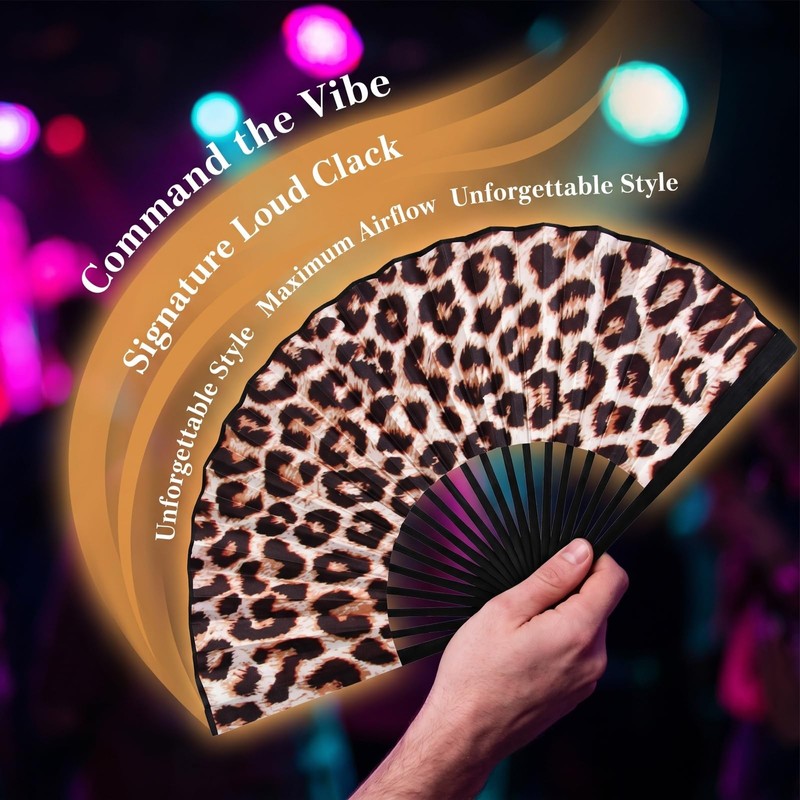 Kemay Large Foldable Clack Hand Fan Leopard Print Rave Fan