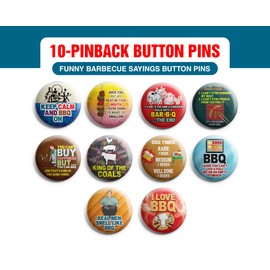 Creanoso Funny Barbecue Sayings Button Pins (1-Set X 10 Buttons) - Stocking Stuffers Premium Quality Gift Ideas for Children, Teens, & Adults - Corporate Giveaways & Party Favors
