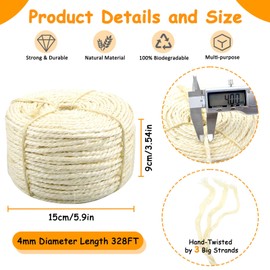 Sisal Rope for Cat Scratcher 4mm Diameter 328 FT Cat Natural Sisal Rope for Repairing Cat Scratching Post Cat Tower Repair Rope Cat Tree Rope Replace Recovering and DIY
