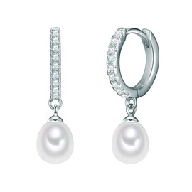 Valero Pearls Women's Creole Earrings Sterling Silver 925 Freshwater Cultured Pearls White - Earrings for Women with Freshwater Pearl, Sterling silver, zirconia, Cubic Zirconia