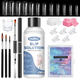 SHOPPGO Slip Solution Polygel, Acrylic Liquid for Nails, 75 ml Polygel Slip Solution Liquid, Contains 120 Nail Tips Set, 5 Nail Tips Clips, 4 Nail Brushes, 100 Cellulose Pads for Gel Nails, 1 Crystal