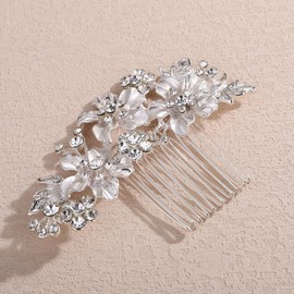 Lenjicons French Flower Rhinestone Hair Comb Sparkling Rhinestone Flower Wedding Headpiece Metal Floral Hair Comb Bridal Hair Accessories for Women (silver)