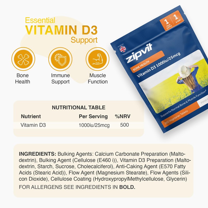 Zipvit Vitamin D 1000IU, 1 Year Supply, 365 Vegetarian D3