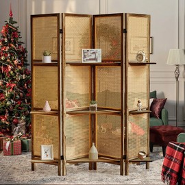 Asnefeli 4 Panel Room Divider with Shelves, Foldable Wood Room Divider Panel, Wicker Room Divider Wall, Folding Privacy Screen, Portable Room Partition Screen, Divider for Room Separation (Dark Brown)