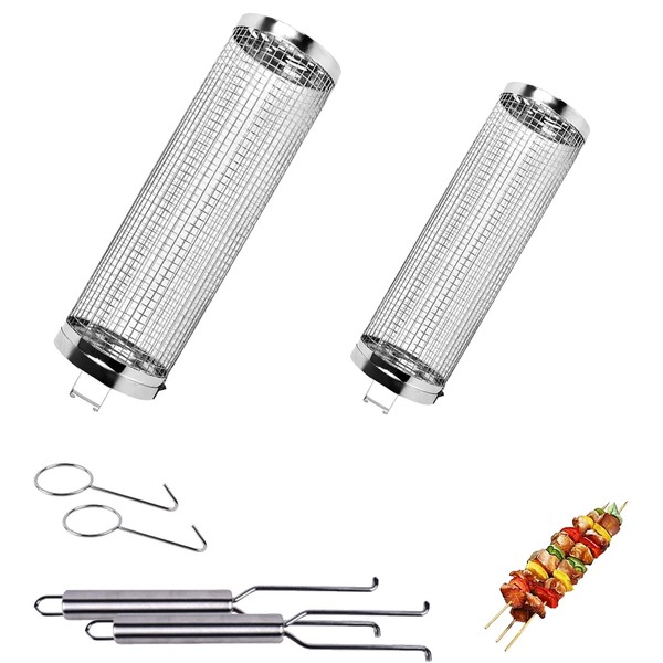 Pack of 2 Rolling Grill Basket with Removable Handle, Stainless