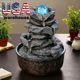 [Four-Layer Rock Fountain]9.84 Feet Tall Rock Tabletop Indoor Fountain with LED Light Balls | Tabletop Waterfall FountainColor: Gray, Size: M
