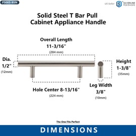 Silverline 8-13/16" (224mm) Hole Center Kitchen Cabinet T-Bar Pull Handle wiht Screws, Solid Steel, Brushed Stain Nickel, 25 Pack