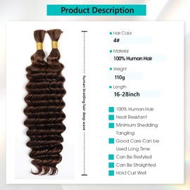 Chocolate Brown Human Braiding Hair for Boho Braids #4 Deep Water Wave Bulk Human Hair 110g 22 Inch Curly Human Hair Extensions Wet and Wavy Braiding Hair No Weft 2 Bundles/Pack