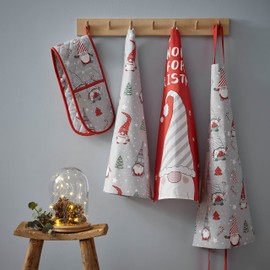 Catherine Lansfield Christmas Gnomes Cotton 50x75cm Kitchen Tea Towel Pack of 4 Grey Red