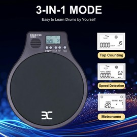 EX [3-IN-1] Portable Digital Electronic Drum Pad, with [Metronome, Speed Detection & Tap Counting] 10″ TPR Practice Pad, Black