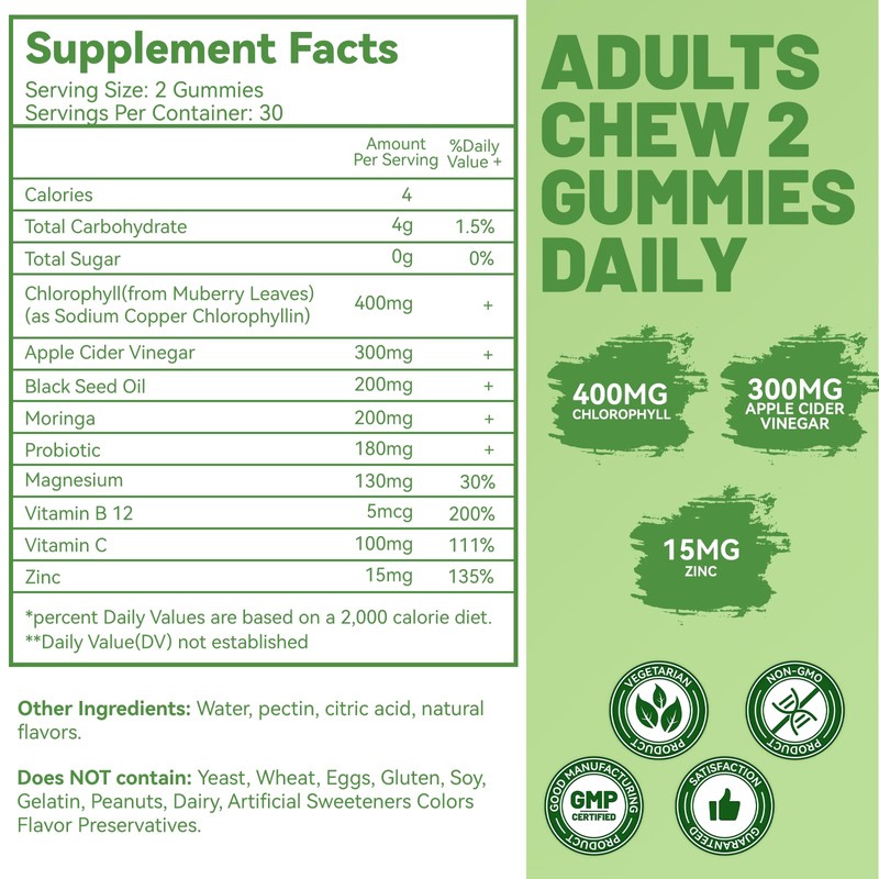 EAZGOO Chlorophyll Gummies for Body Odor Deodorant* 2 Pack, Sugar