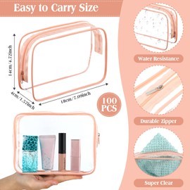 Sanwuta 100 Pcs Clear Makeup Bags 7.1 x 1.6 x 5.5 in Bulk Travel Toiletry Bags Tsa Approved Clear Cosmetic Bag Transparent Cosmetic Pouches with Zipper for Vacation(Pink)