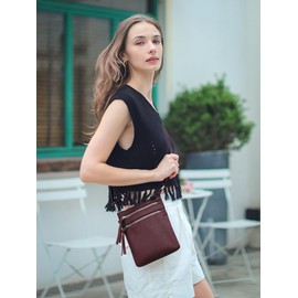 befen Crossbody Bags for Women Triple Zip Real Leather Purses for Women Crossbody with Adjustable Strap Burgundy Red