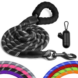 Perperqer Heavy Duty Dog Leash for Large Medium Small Breed Dogs, Reflective Rope Dog leashes with Comfortable Handle,4/5/6 FT Pet Puppy Leash for Night Walking with Poop Bag Holder,Black,1/2 inch