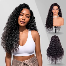 Gorpo 24 Inch Deep Wave Lace Front Wigs Human Hair, 13x6 HD Wet and Wavy Lace Front Wigs, Curly Human Hair Wig, 180 Density Deep Wave Wig, Pre Plucked & Glueless, Natural Color