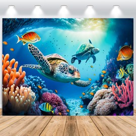 ASDCXZ Under the Sea Background 2.2 x 1.5 m, Deep Blue Sea Floor Turtle Fish Photo Wall Background, Vinyl Photo Box Background for Children Birthday Ocean Theme Party, Portrait Photo Backgrounds