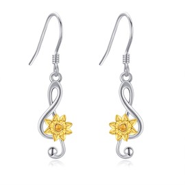 Music Note Earrings 925 Sterling Silver Sunflower Treble Clef Dangle Drop Earring Music Note Jewelry Birthday jewelry for Women Music Lover