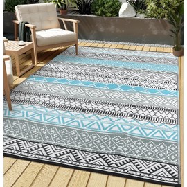 COZYLOOM Outdoor Rug Carpet Waterproof 8x10 ft Reversible Patio Rug Boho Print Camping Rug Plastic Straw Rug Geometric Rv Mat for Patio Camping Picnic Backyard Deck Balcony Porch Beach, Blue/Grey