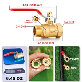 YELUN Garden Hose Brass Shut Off Valve Full Flow, No Restricted-Flow Water Shut-Off Connector, 3/4" GHT x 3/4" GHT Garden Hose Full Port Ball Valve Adapter (Long Handle)