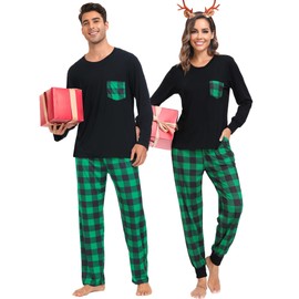 SWOMOG Couple Christmas Pjs Matching Sets Black And Red Plaid Pajama Pants Family Christmas Pajamas Matching Sets Holiday Pjs Christmas Loungewear Sleepwear