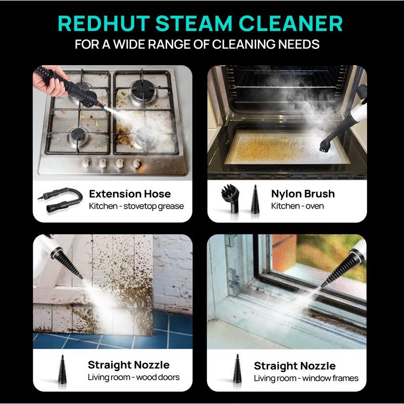 Redhut Pressurized Handheld Multi-Surface Natural Steam Cleaner with 12 pcs