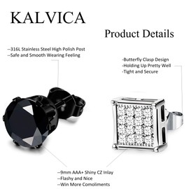 KALVICA 4 Pairs Stainless Steel Earrings Men's Black Silver Stud Earrings Round Zirconia Stud Earrings Set for Men Women Unisex Allergy Free Piercing 9 mm, Stainless Steel