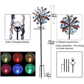 NUENUN Wind Spinner Outdoor Metal - Multi-Color Seasonal LED Lighting Solar Powered Glass Ball with Kinetic Wind Spinner Dual Direction for Patio Lawn & Garden