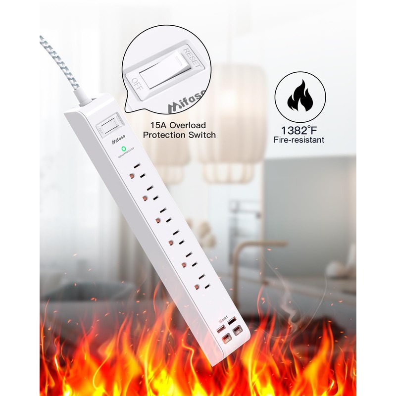 Mifaso Surge Protector Power Strip 10FT, Flat Plug, 6 AC