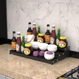 Jojocross Spice Rack Organizer 3 Tier Expandable Display Shelf(12.8"-24.01" W) Non-Skid Heavy Duty Sturdy Metal Iron Alloy Steel Step Racks 2 Packs/Black