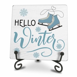 5x5" Holiday Wood Plaque With Iron Frame, Hello Winter, Gift For Women, Men, Friends, Family, Ice Skating Lovers, Minimalist Tray Decor, Home & Office Party Decoration & Favor - E10