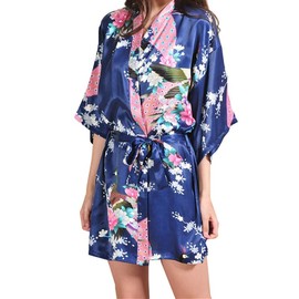 Prohonbec Women's Satin Kimono Dressing Gown with Belt, Peacock and Floral Pattern, V-Neck Bathrobe, Short Robe, Bridal Bathrobe, Sleepwear for Daily Clothing, Spa, Bridal Shower, navy