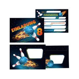 Minkocards 12 Invitation Cards for 8th Children's Birthday Party Bowling Boys Girls Invitations Eighth Birthday Including 12 Envelopes, 12 Party Bags/Natural, 12 Stickers Invitation Set