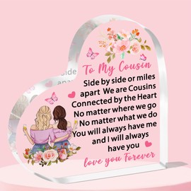 JETTOP Cousin Gifts for Women- Gifts for Cousin Birthday Christmas Female Girls Heart Plaque Acrylic Cousins Connected By Heart