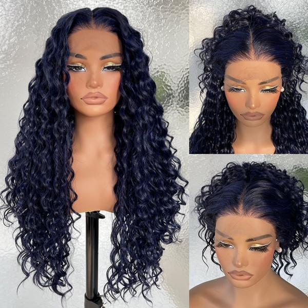 26Inch Dark Blue Deep Curly Lace Front Wig for Black