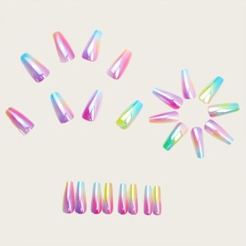 Coffin Press on Nails Medium Fake Nails with Chrome Designs Glossy Glue on Nails Colorful Full Cover Glue on Nails Acrylic Artificial Stick on Nails for Women 24Pcs