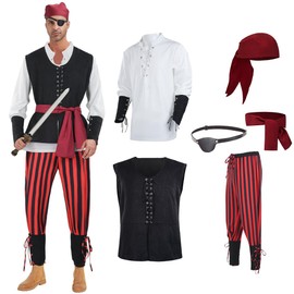 MALINRSSE 6 Pcs Men's Renaissance Pirate Costome Set Medieval Shirt Vest Banded Pants Viking Belt Headscarf Accessories