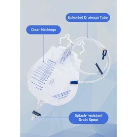 Urinary Drainage Bag 2000mL with Anti-Reflux Chamber, Catheter Bags, 48" Tube with Hanging Hook, Professional Health Aids (5 Pack)