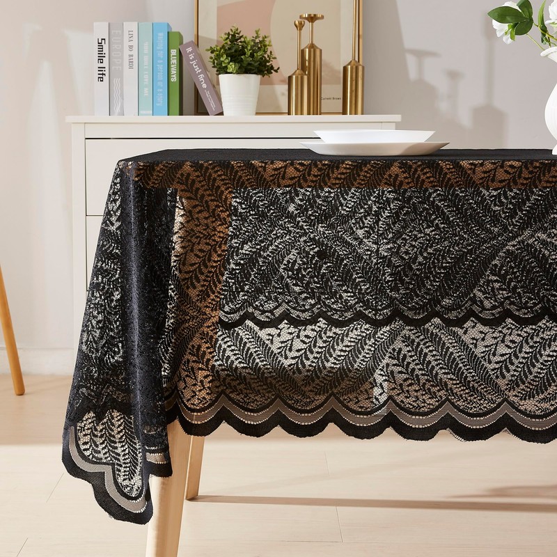 LinenZone Rectangular Lace Tablecloth with Leaves Design. Each Black Tablecloth